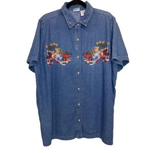 Vintage Denim Button Down Shirt Size 18W Teddy Bear Embroidery‎ Cottagecore Fall